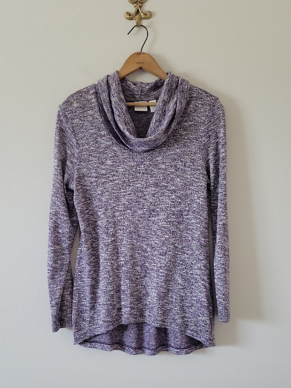 Chico's Purple Space Dye Knit Gold Shimmer Cowl Neck Sweater Size Medium